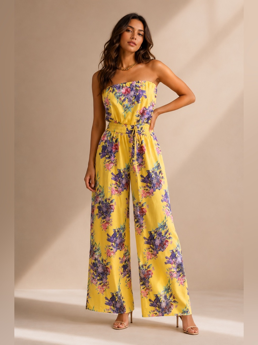 Floral Strapless Jumpsuit in Yellow and Purple